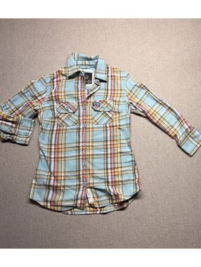 Superdry Co Womens Medium Plaid Flannel Button Down Shirt Blue Yellow Roll Tab